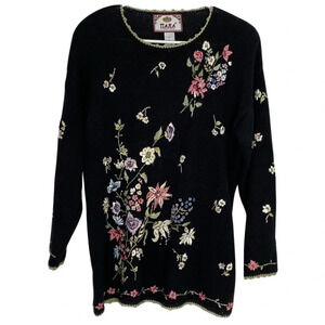 Vintage Floral Embroidered Y2K Pullover Sweater Tunic Womens Size Medium Black